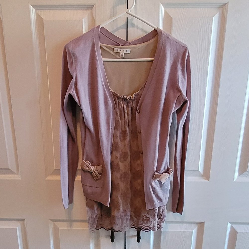 2-Piece Set!  CAbi Mauve Bow Cardigan With Matching Sleeveless Laced Top.